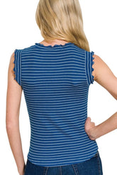 Zenana Ribbed Ruffle Trim Sleeveless Stripe Top OutfitFlow